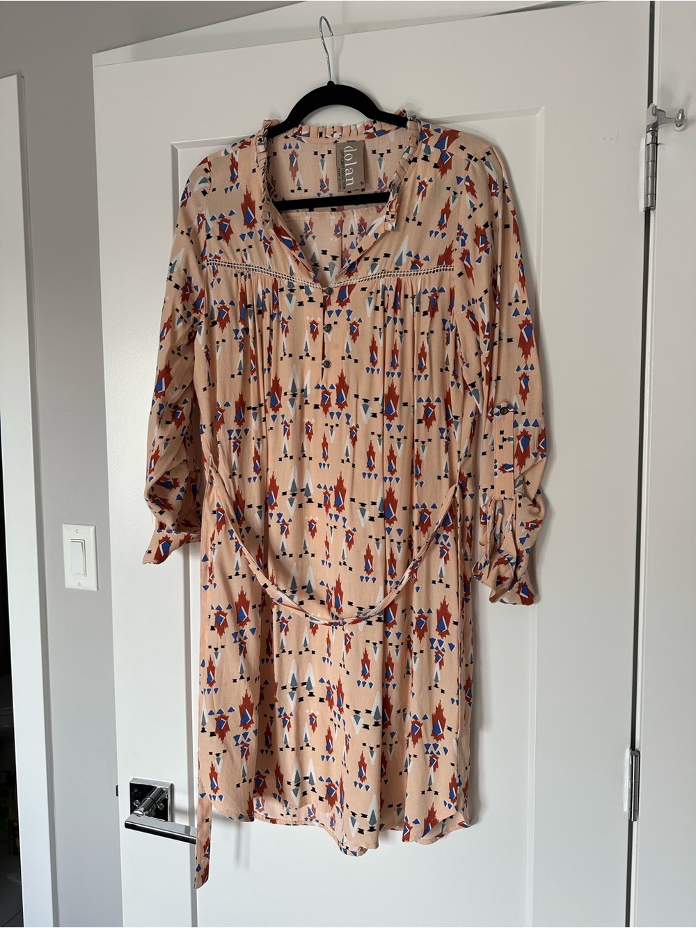 Anthropologie Peach Geometric-Print Long-Sleeve Tunic Dress